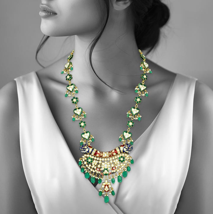 Polki Pendant Necklace with Red-Green Meenakari and Emeralds